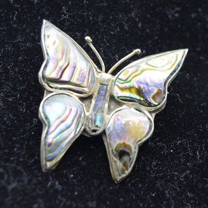 Vintage Alpaca Mexico Silver Tone and Abalone Butterfly Brooch